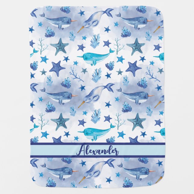 Cute Narwhal Under the Sea Baby Blanket (Front)