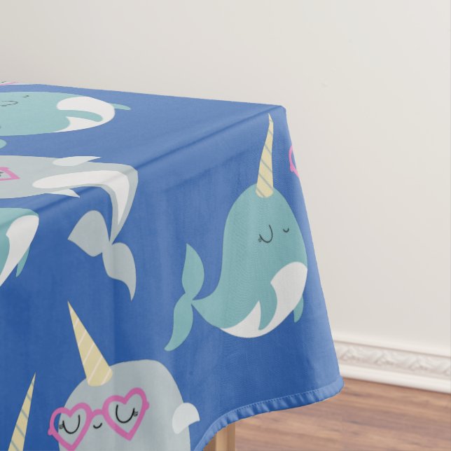 Cute Narwhal Whimsical Cartoon Pattern in Blue Tablecloth (In Situ)