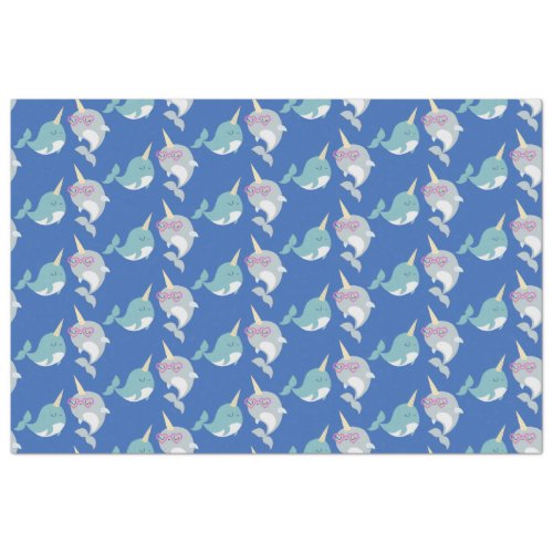 Cute Narwhal Whimsical Cartoon Pattern in Blue Tissue Paper