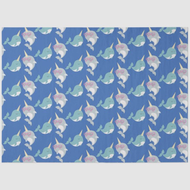 Cute Narwhal Whimsical Cartoon Pattern in Blue Tissue Paper (Front)