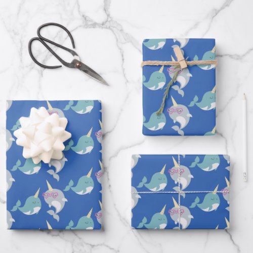 Cute Narwhal Whimsical Cartoon Pattern in Blue Wrapping Paper Sheets