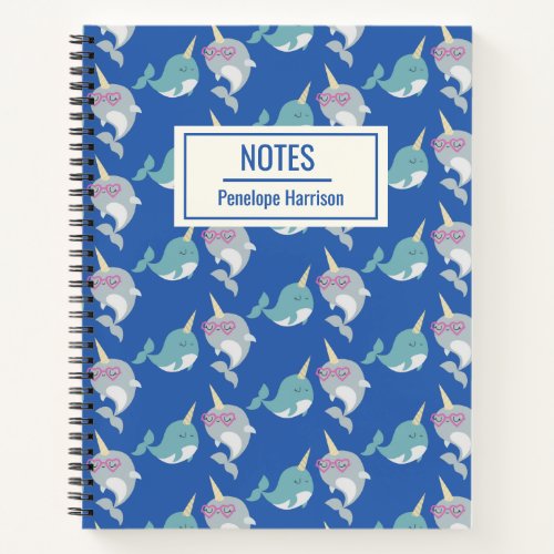 Cute Narwhal Whimsical Pattern Blue Personalized Notebook
