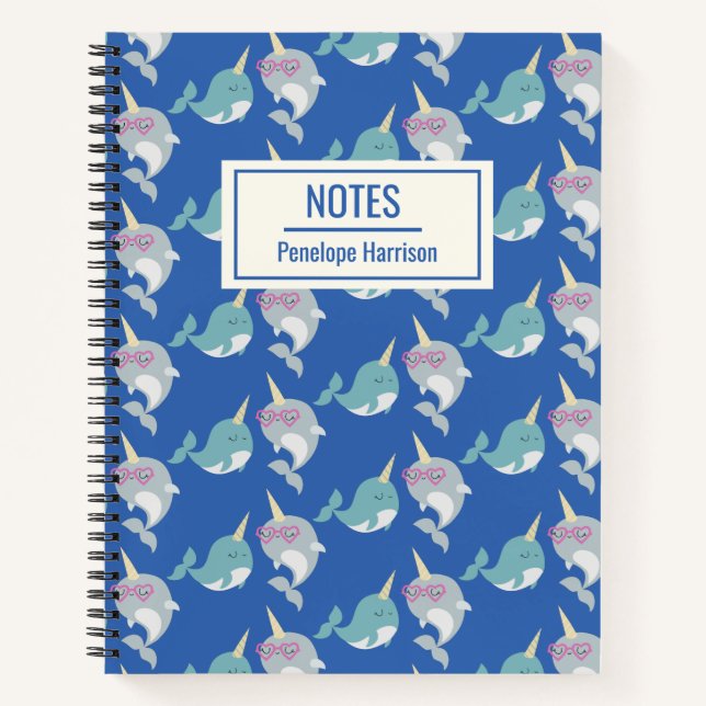 Cute Narwhal Whimsical Pattern Blue Personalized Notebook (Front)
