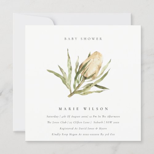 Cute Native Banksia Watercolor Floral Baby Shower Invitation