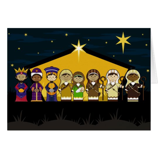 Cute Nativity Characters at Barn by Night Card
