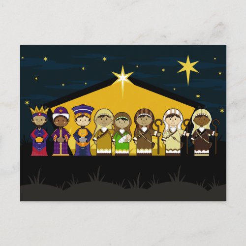 Cute Nativity Characters at Barn by Night Postcard
