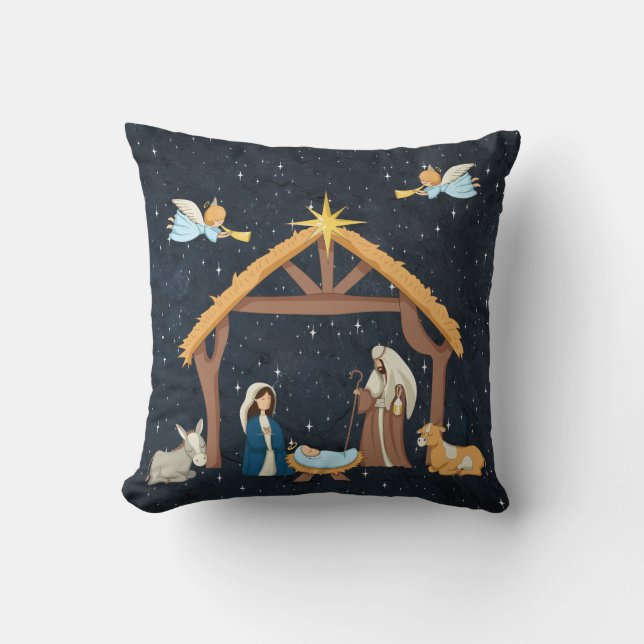 Cute Nativity Christmas Throw Pillow (Front)