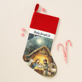 Cute Nativity Custom name watercolor Christmas Christmas Stocking