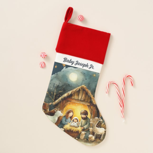Cute Nativity Custom name watercolor Christmas  Stocking (Front)