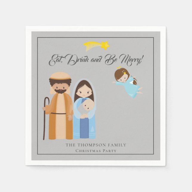 Cute Nativity Eat Drink Be Merry Christmas Napkins (Front)
