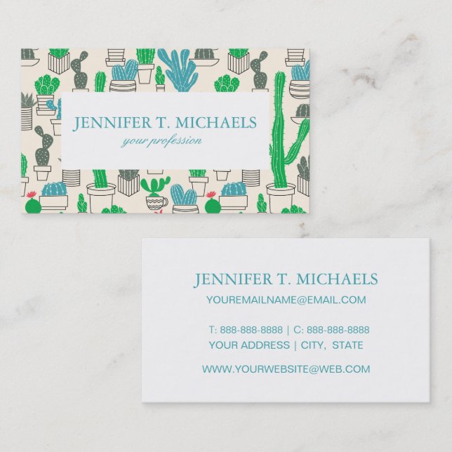 Cute Natural Floral Cacti Pattern Business Card (Front/Back)