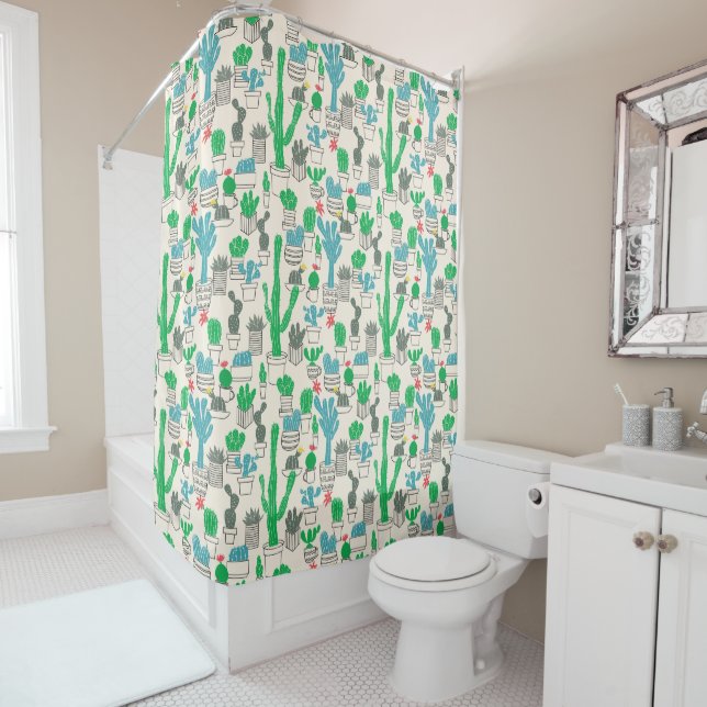 Cute Natural Floral Cacti Pattern Shower Curtain (In Situ)