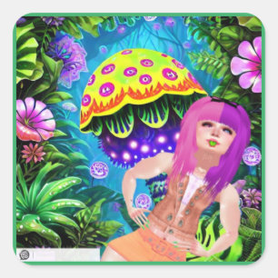 Cute Nature girl with mushrooms and flowers art Square Sticker