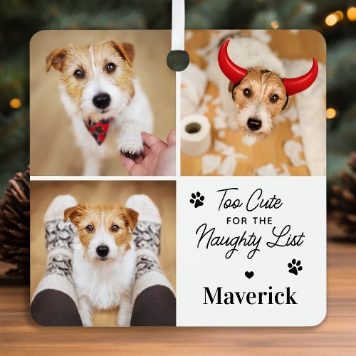 Cute Naughty List Dog Pet 3 Photo Funny Christmas Metal Ornament