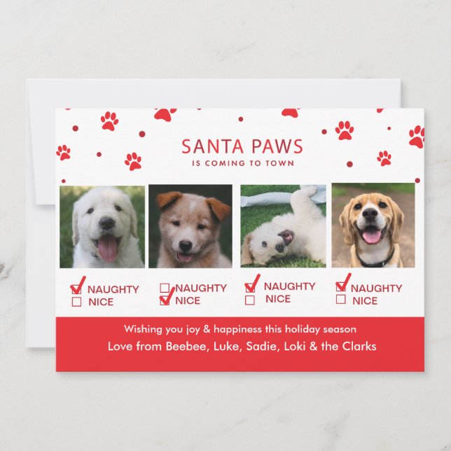 Cute Naughty or Nice Four Dog Christmas Photo Holiday Card (Front)