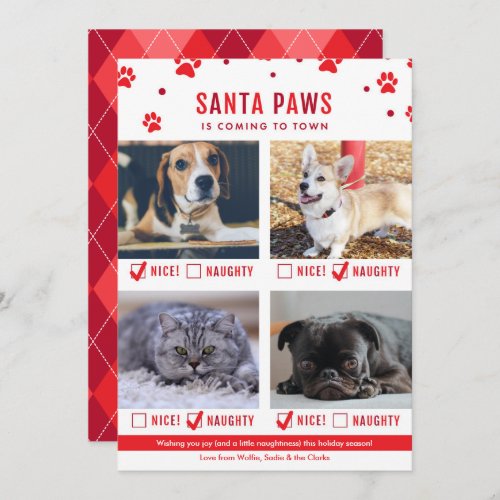Cute Naughty or Nice Four Pet Christmas Photo Holiday Card