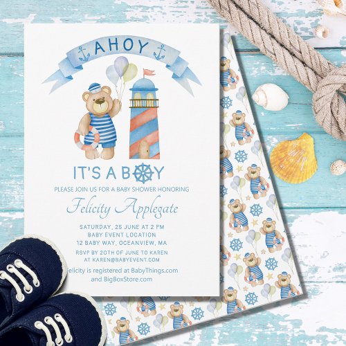 Cute Nautical Ahoy Bear Boy Baby Shower Invitation