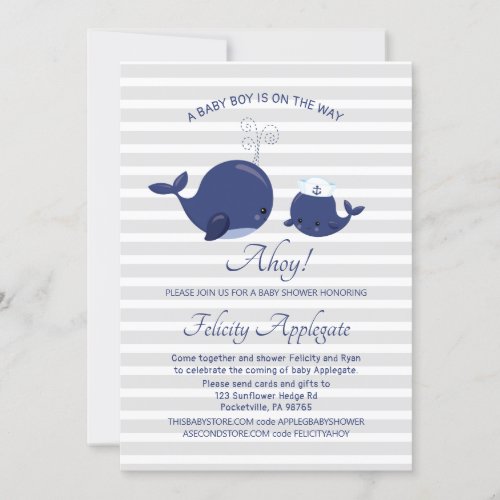 Cute Nautical Ahoy Blue Whale Boy Baby Shower Invitation