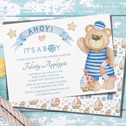 Cute Nautical Ahoy Boy Bear Baby Shower Invitation