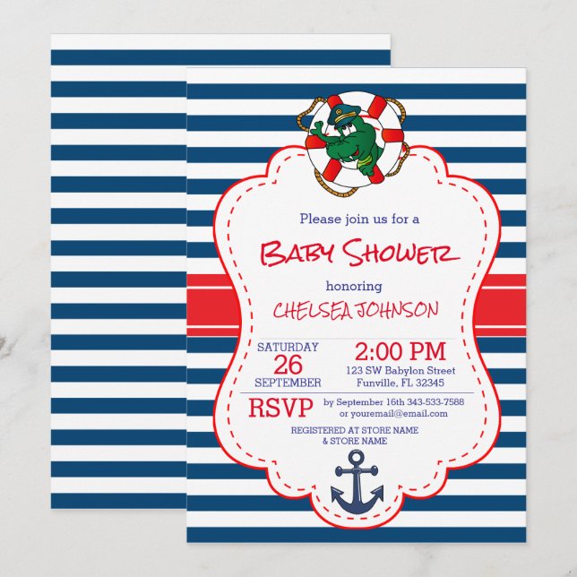 Cute Nautical Alligator Baby Shower Invitation (Front/Back)