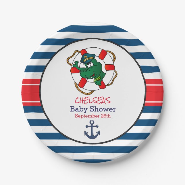 Cute Nautical Alligator Baby Shower Paper Plates (Front)