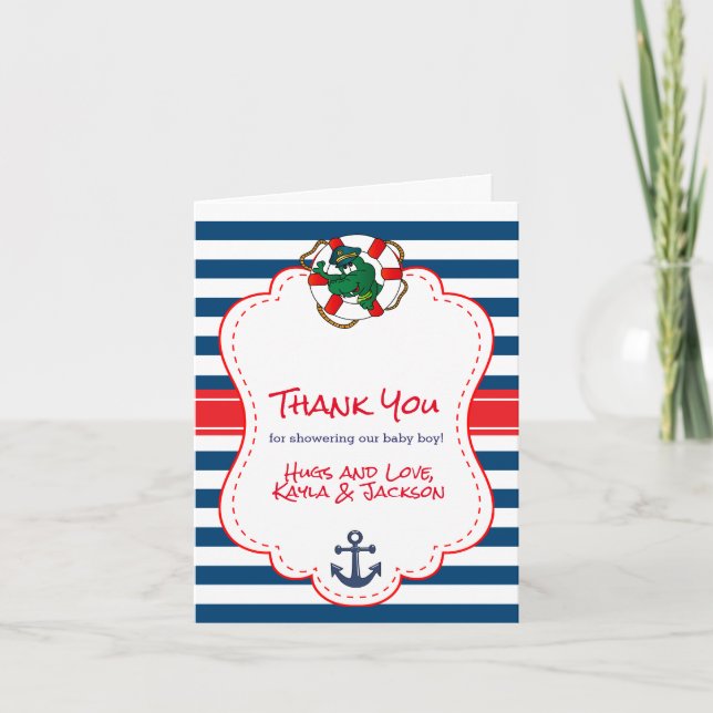 Cute Nautical Alligator Baby Shower Thank You Card (Front)