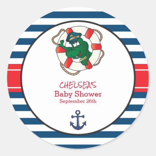 Cute Nautical Alligator Baby Shower Theme Classic Round Sticker