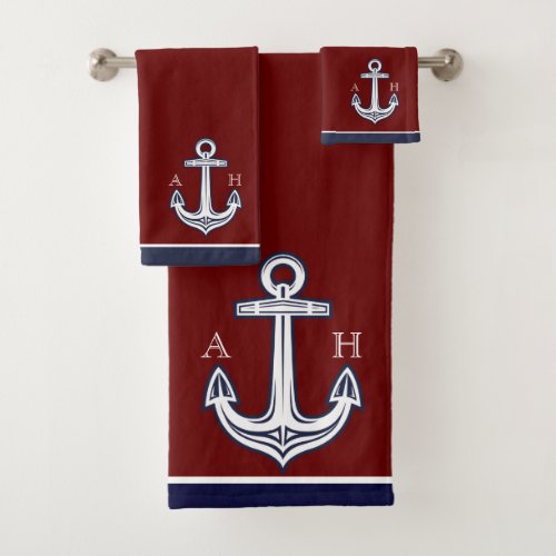 Cute Nautical Anchor Bathroom Maroon Navy Blue Bath Towel Set