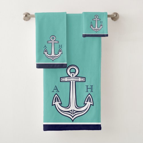 Cute Nautical Anchor BathroomTeal Navy Blue White  Bath Towel Set