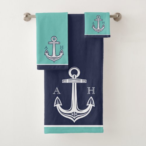 Cute Nautical Anchor BathroomTeal Navy Blue White Bath Towel Set