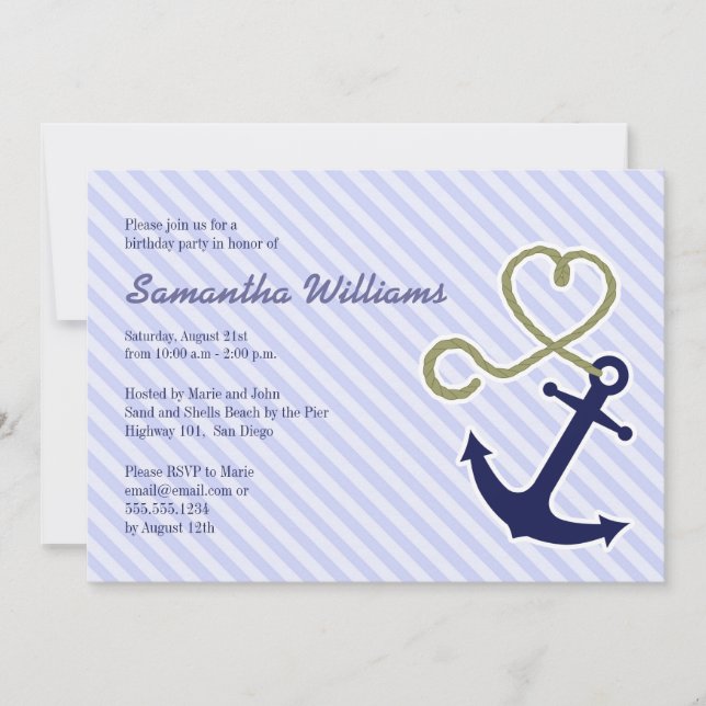 Cute Nautical Anchor Birthday Party Invitations (Front)