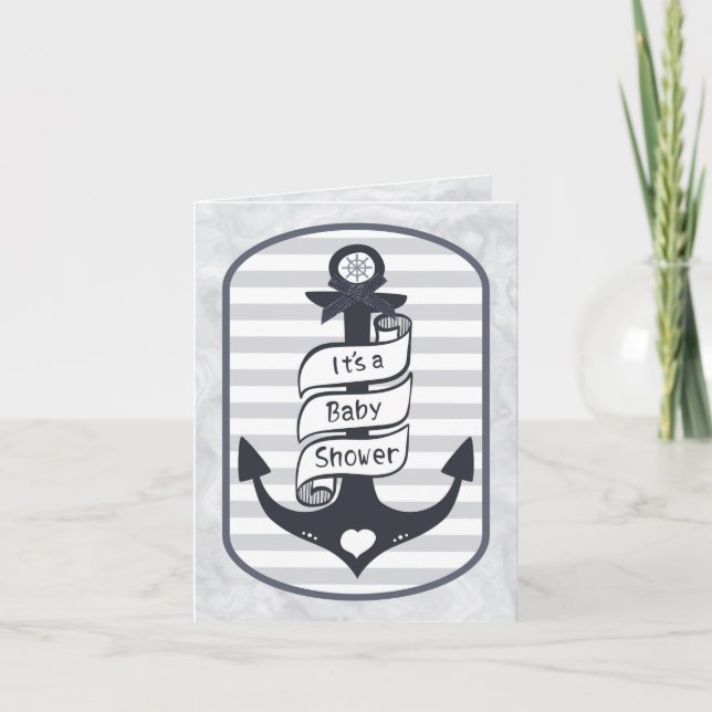 Cute Nautical Anchor Bow and Stripes Baby Shower Invitation (Front)
