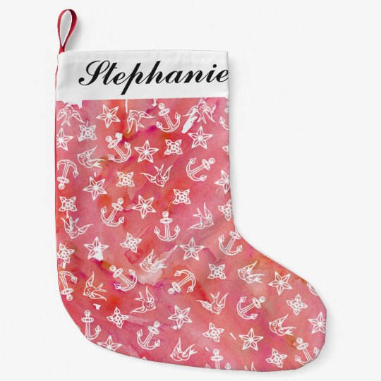 Cute Nautical Anchor Pattern On Pink Watercolor Small Christmas