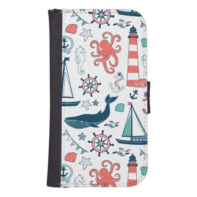 Cute Nautical Animals And Symbols Pattern Samsung Galaxy Wallet Case (Front)