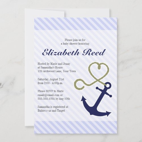 Cute Nautical Baby Shower Anchor with Heart Rope Invitation