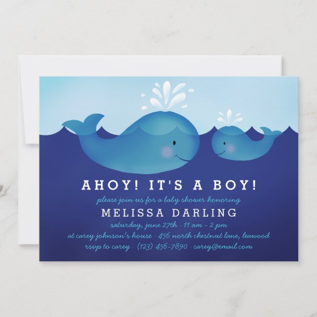 Cute Nautical Baby Shower Invitations | Blue Whale (Front)