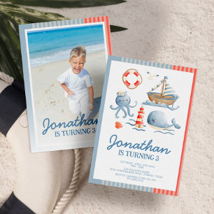 Cute Nautical Beach Party Birthday Photo Invitation