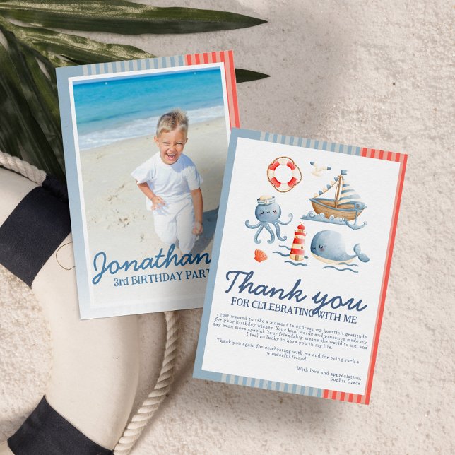 Cute Nautical Beach Party Birthday Photo Thank You Card (Creator Uploaded)