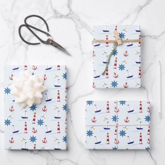Cute Nautical Blue and Red Sailing Pattern Wrapping Paper Sheets (Front)
