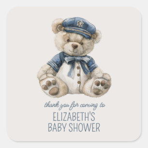 Cute Nautical Blue Baby Bear Baby Shower Square Sticker