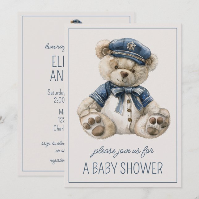 Cute Nautical Blue Baby Bear Personalized Invitation (Front/Back)