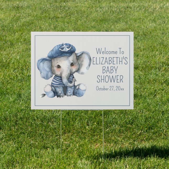 Cute Nautical Blue Baby Elephant Baby Shower Sign (Insitu)