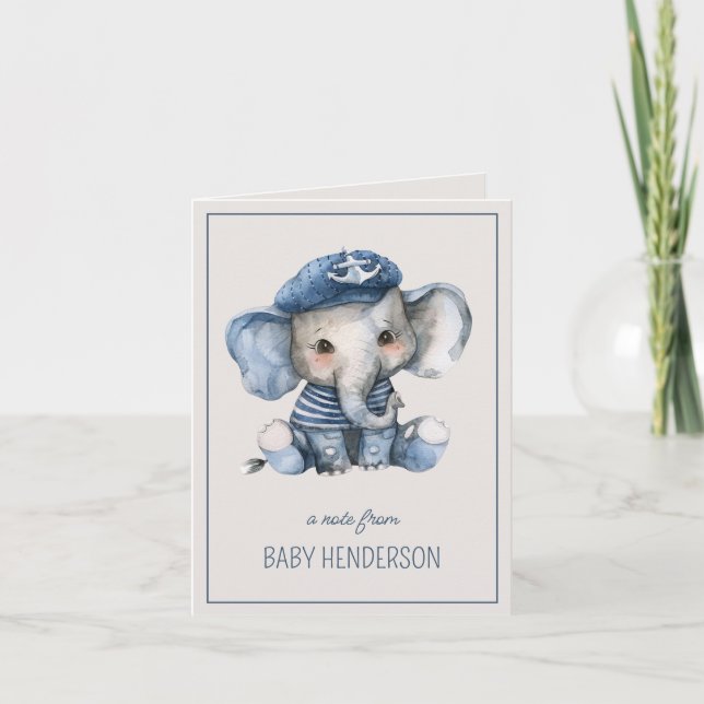 Cute Nautical Blue Baby Elephant Personalized Note Card (Front)