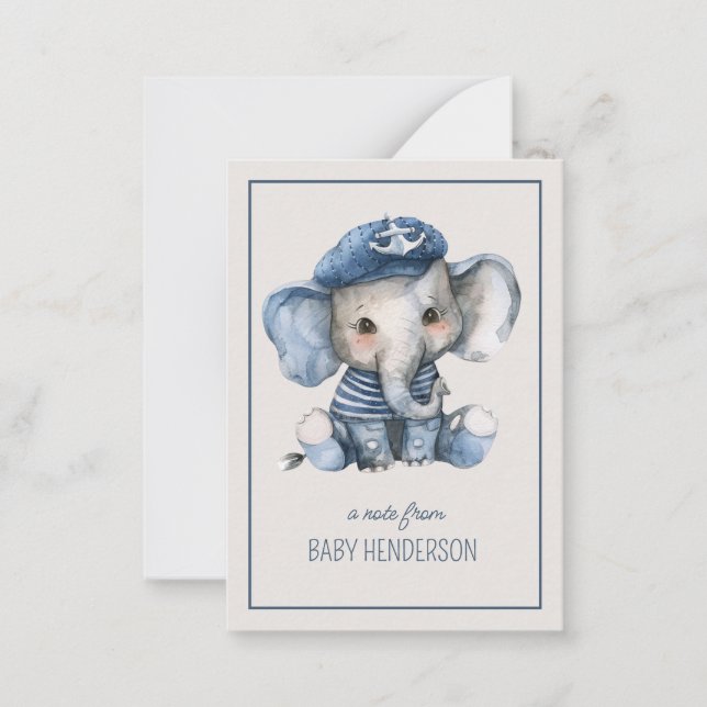Cute Nautical Blue Baby Elephant Personalized Note Card (Front)