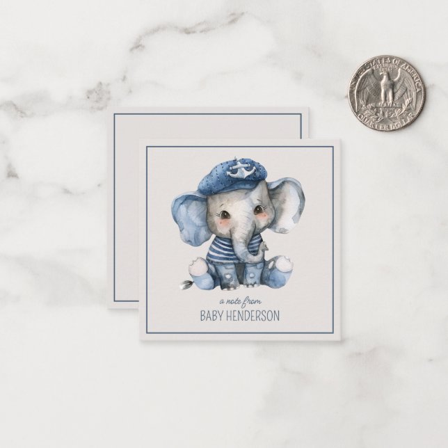 Cute Nautical Blue Baby Elephant Personalized Note Card (Front/Back In Situ)