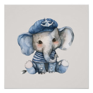 Cute Nautical Blue Baby Elephant Poster