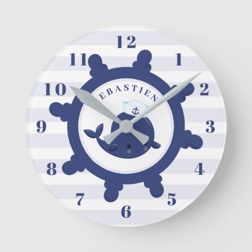 Cute Nautical Blue Baby Whale Boys Nursery Round Clock