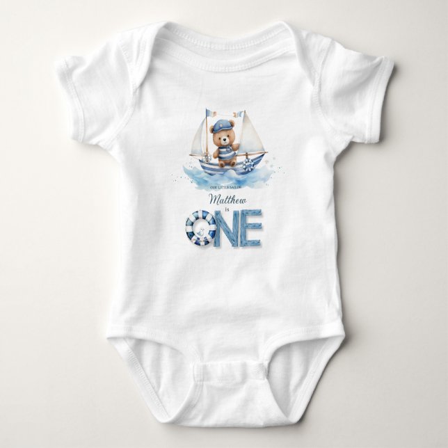 Cute Nautical Blue Boat Teddy Bear 1st Birthday Baby Bodysuit (Front)