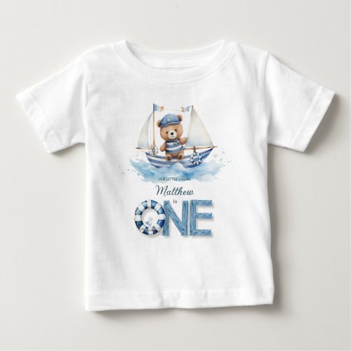 Cute Nautical Blue Boat Teddy Bear 1st Birthday Baby T_Shirt