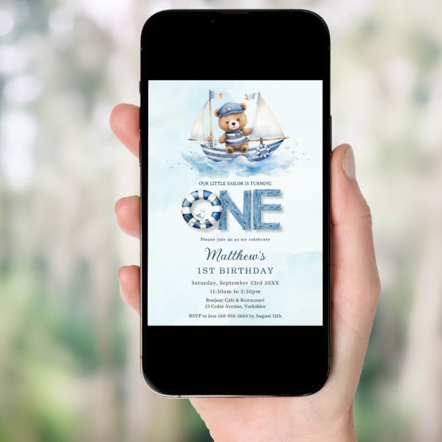 Cute Nautical Blue Boat Teddy Bear 1st Birthday Invitation (Front Digital)